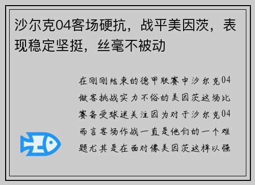 沙尔克04客场硬抗，战平美因茨，表现稳定坚挺，丝毫不被动