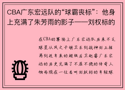 CBA广东宏远队的“球霸丧标”：他身上充满了朱芳雨的影子——刘权标的崛起之路