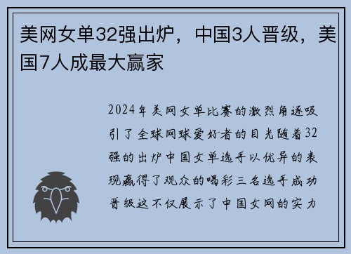 美网女单32强出炉，中国3人晋级，美国7人成最大赢家